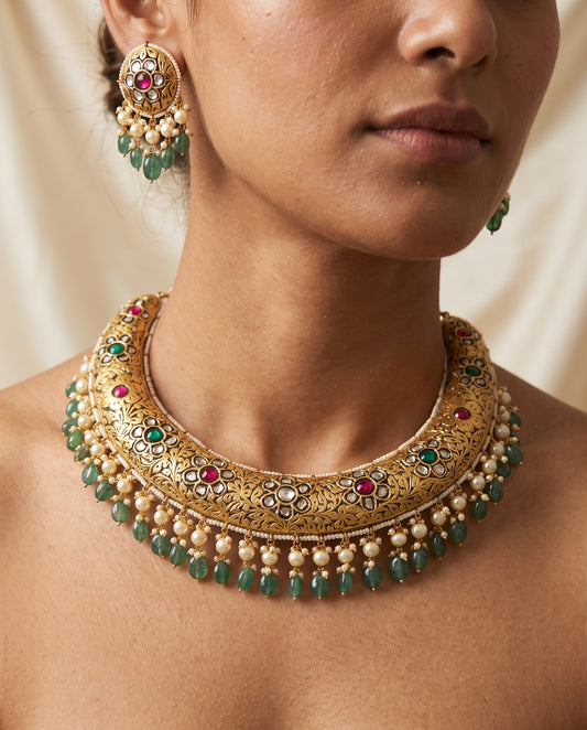 Handcrafted 22kt Gold Prataj Hasli Rigid Collar Necklace with 6 Carat Certified Syndicate Polki in Thapa Work