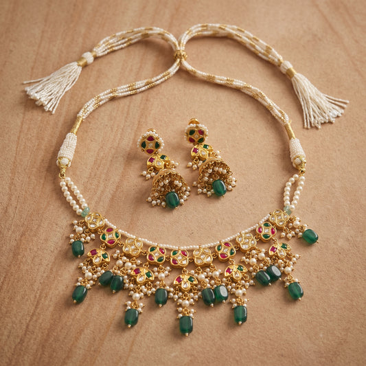 Handcrafted 22kt Gold Multi-Colour Necklace Set with 3 Carat Certified Syndicate Polki and Multi-Colour Semi Precious Stones in Thapa Work