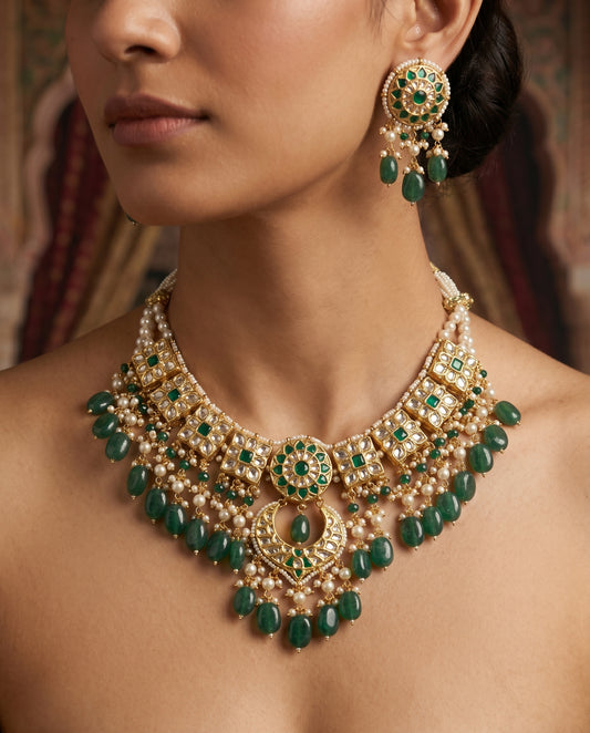 Handcrafted 22kt Gold Green Emerald Set with 5 Carat Certified Syndicate Polki and Emerald Green Semi Precious Stones in Thapa Work