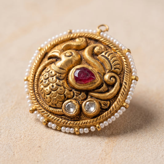 Handcrafted 22kt Gold Peacock Antique Pendant with Certified Syndicate Polki in Antique Finish Peacock Motif Thapa Work