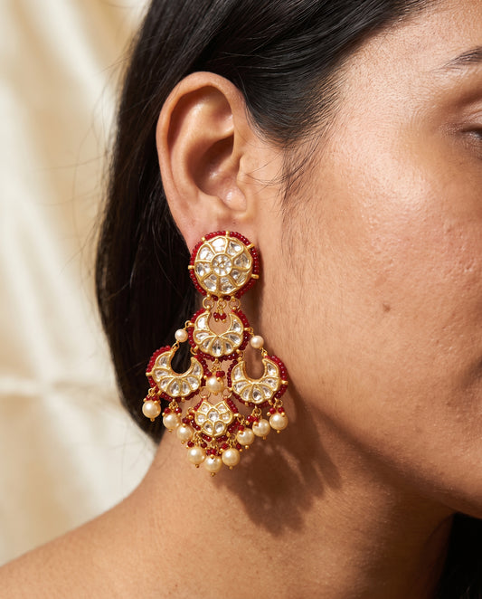 Handcrafted 22kt Gold Riyora Earrings with 6 Carat Certified Syndicate Polki in Thapa Work