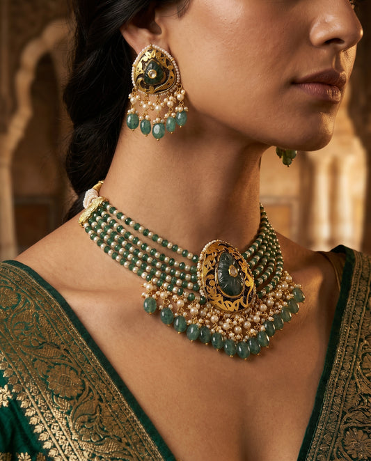 Jharoka Diamond green stone choker set | Vama Gears