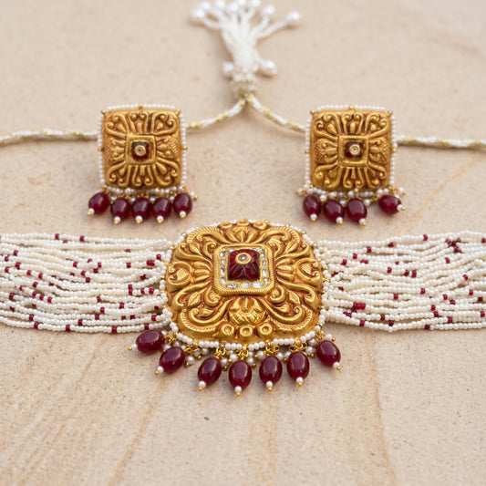 Handcrafted 22kt Gold Square Temple Choker Set with 2 Carat Certified Syndicate Polki in Temple Motif Thapa Work
