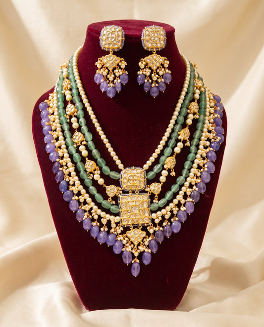 Handcrafted 22kt Gold Jakarti 5 Lad Five Strand Set with 10 Carat Certified Syndicate Polki in Thapa Work