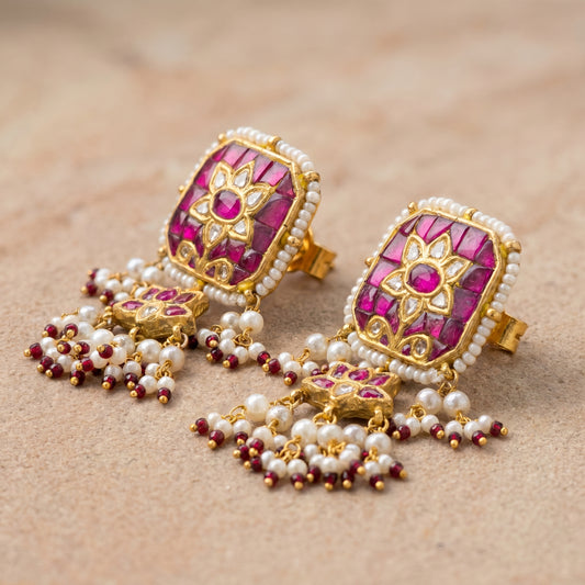 Jharoka Pink square lotus earrings | Vama Gears