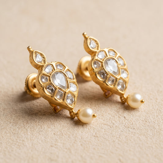 Handcrafted 22kt Gold Polki Mango Earrings with 2 Carat Certified Syndicate Polki in Mango Keri Motif Thapa Work