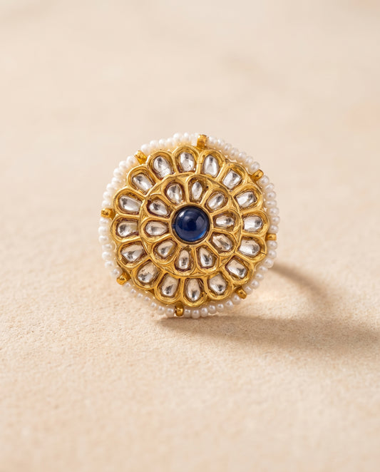 Handcrafted 22kt Gold Blue Meenakari Ring with Certified Syndicate Polki and Blue Meenakari Enamel Work in Thapa Work