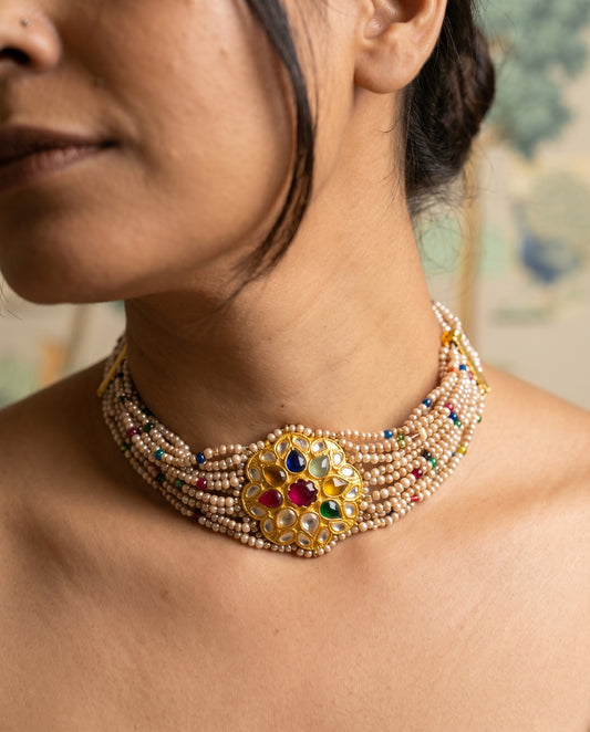 Handcrafted 22kt Gold Navratan Choker with 2 Carat Certified Syndicate Polki and Multi-Colour Semi Precious Stones in Thapa Work