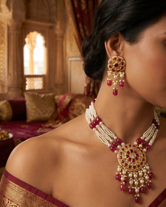 Jharoka Pink bloom necklace set | Vama Gears