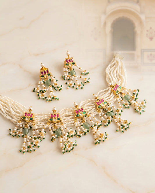 Jharoka Lotus pink pearl choker set | Vama Gears