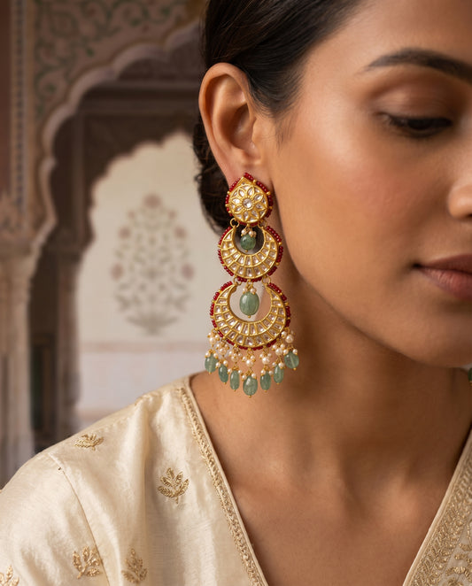 Handcrafted 22kt Gold Tiered Chandbali Earrings with 4 Carat Certified Syndicate Polki in Cascading Crescent Thapa Work