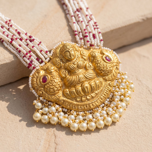 Handcrafted 22kt Gold Lakshmi Pendant with Goddess Lakshmi Motif and Certified Syndicate Polki in Devotional Thapa Work