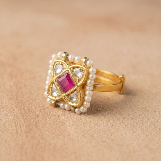 Handcrafted 22kt Gold Pink Square Ring with Certified Syndicate Polki and Pink Semi Precious Stone in Thapa Work