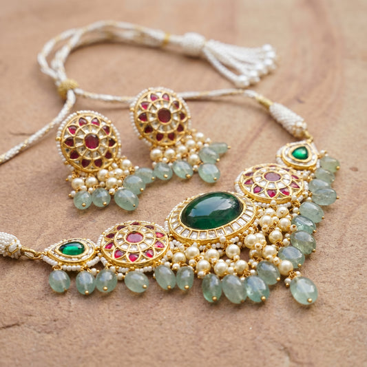 Jharoka Green small choker set | Vama Gears