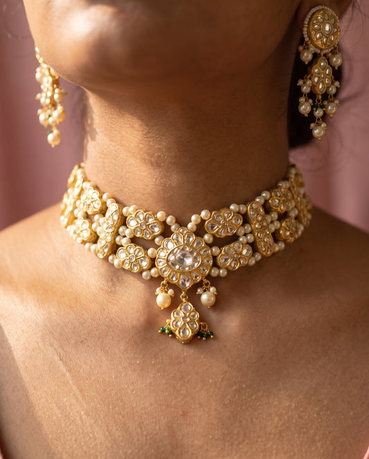 Handcrafted 22kt Gold Hiranya Choker Set with 9 Carat Certified Syndicate Polki in Thapa Work