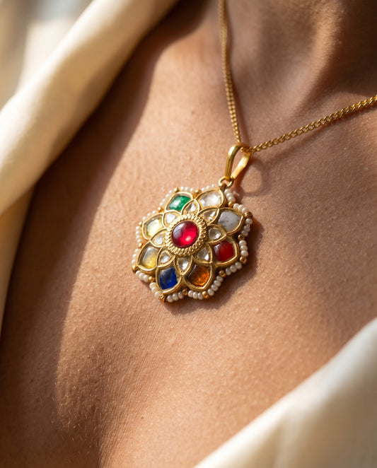 Handcrafted 22kt Gold Navratan Pendant with Certified Syndicate Polki and Multi-Colour Semi Precious Stones in Thapa Work