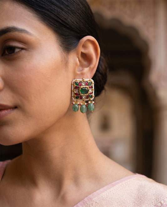 Handcrafted 22kt Gold Pratash Earrings with 2 Carat Certified Syndicate Polki in Thapa Work
