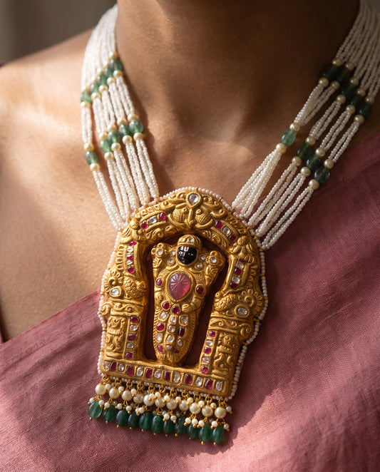 Handcrafted 22kt Gold Balaji Pendant with 4 Carat Certified Syndicate Polki in Devotional Thapa Work