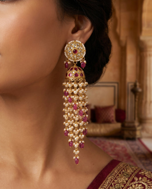 Jharoka Pink waterfall long jhumkis | Vama Gears