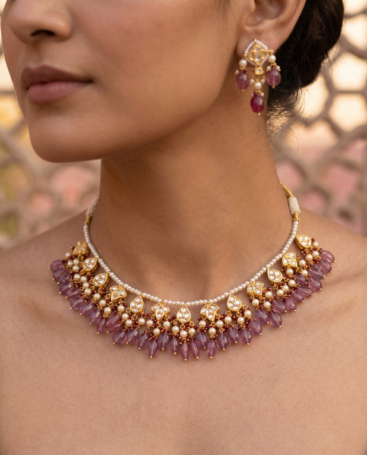 Handcrafted 22kt Gold Pink Chowfully Set with 4 Carat Certified Syndicate Polki and Pink Semi Precious Stones in Floral Cluster Thapa Work
