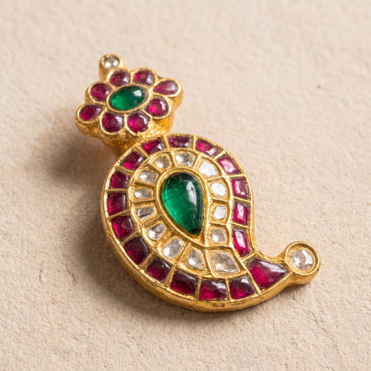 Handcrafted 22kt Gold Mango Leaf Pendant with 2 Carat Certified Syndicate Polki in Mango and Leaf Motif Thapa Work