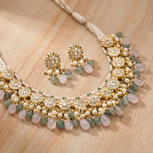 Jharoka Round motive green pink necklace | Vama Gears
