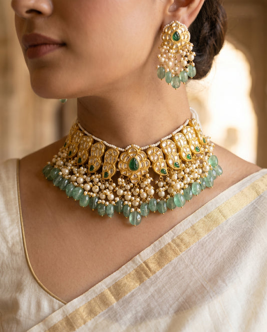 Handcrafted 22kt Gold Green Drop Set with 5 Carat Certified Syndicate Polki and Green Semi Precious Stone Drops in Thapa Work