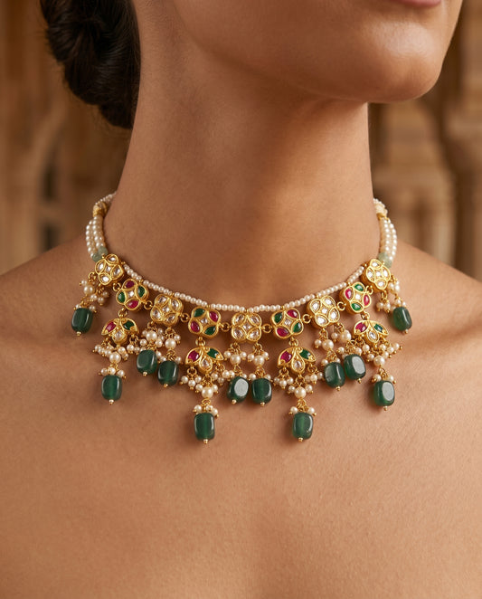Handcrafted 22kt Gold Multi-Colour Necklace Set with 3 Carat Certified Syndicate Polki and Multi-Colour Semi Precious Stones in Thapa Work