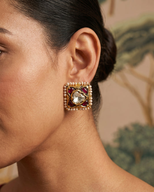 Handcrafted 22kt Gold Red Uncut Polki Studs with Certified Syndicate Polki and Red Semi Precious Stones in Thapa Work