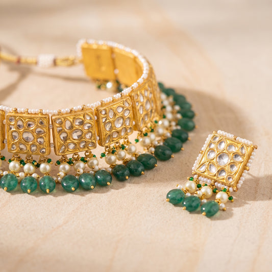 Handcrafted 22kt Gold Rectangle Choker Set with 8 Carat Certified Syndicate Polki in Rectangular Motif Thapa Work
