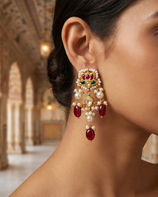 Jharoka Maroon lotus earrings | Vama Gears