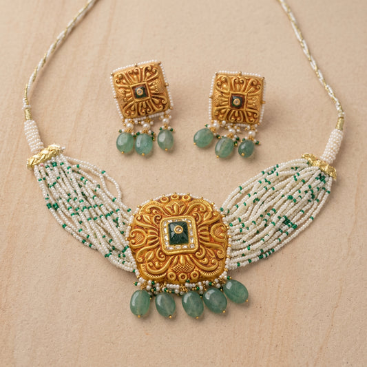 Handcrafted 22kt Gold Square Temple Green Set with 2 Carat Certified Syndicate Polki and Green Semi Precious Stones in Temple Motif Thapa Work