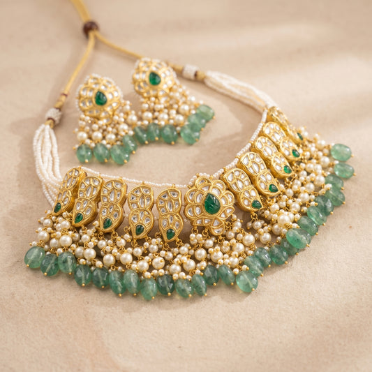 Handcrafted 22kt Gold Green Drop Set with 5 Carat Certified Syndicate Polki and Green Semi Precious Stone Drops in Thapa Work