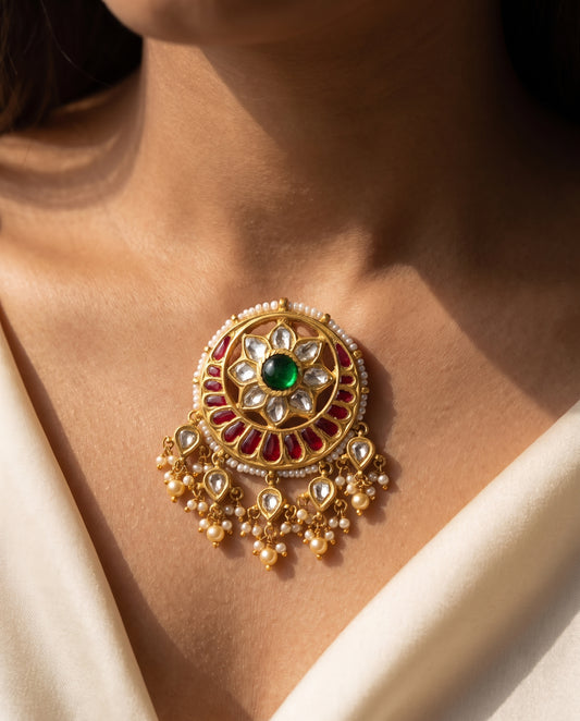 Handcrafted 22kt Gold Moon Chand Pendant with 3 Carat Certified Syndicate Polki in Crescent Thapa Work