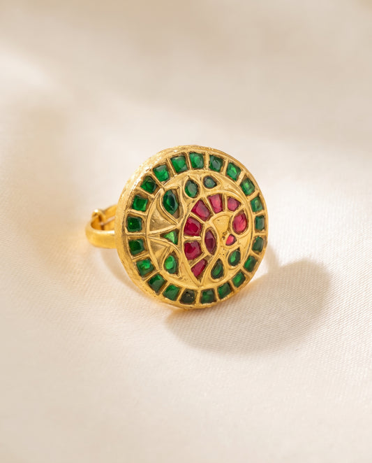 Handcrafted 22kt Gold Peacock Adjustable Ring with Certified Syndicate Polki in Peacock Motif Thapa Work
