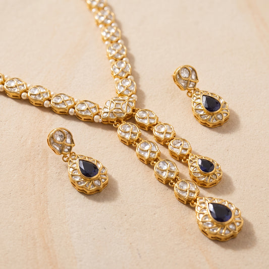 Handcrafted 22kt Gold Y Necklace Set with 20 Carat Certified Syndicate Polki in Elongating Y-Drop Thapa Work