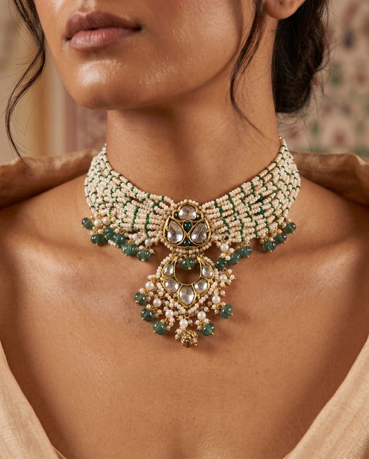 Handcrafted 22kt Gold Green Triangle Choker with Certified Syndicate Polki and Green Semi Precious Stones in Thapa Work