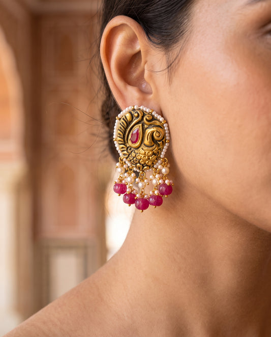 Handcrafted 22kt Gold Peacock Temple Earrings with Certified Syndicate Polki in Peacock and Temple Motif Jhumki Thapa Work