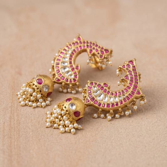 Handcrafted 22kt Gold Fish Ear Cuffs with 3 Carat Certified Syndicate Polki in Auspicious Fish Motif Thapa Work
