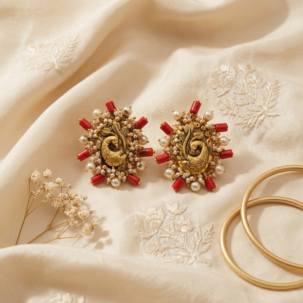 22kt gold handcrafted Peacock Studs | kundan floral earrings with pearl accents | bridal Indian jewellery