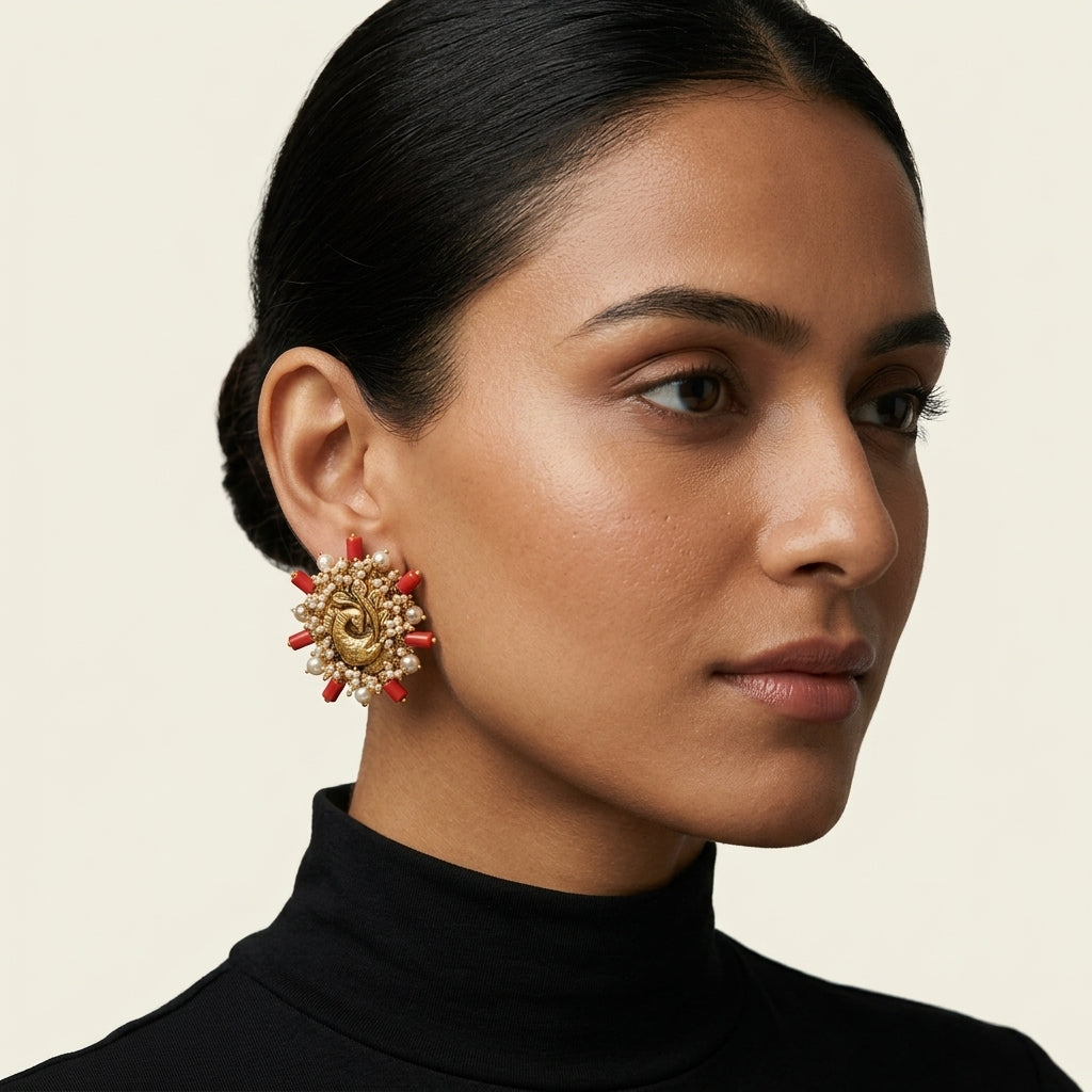 22kt gold kundan floral stud earrings with pearl detailing, perfect for ethnic and bridal wear