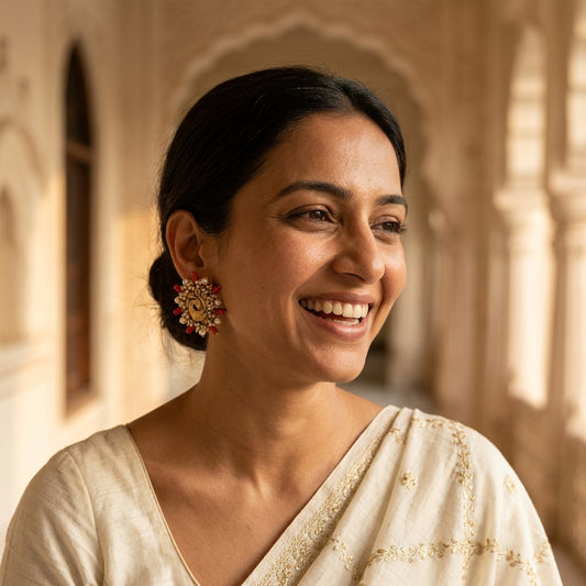 22kt gold Peacock Studs with kundan work and pearl detailing — traditional Indian earrings for weddings and festive occasions