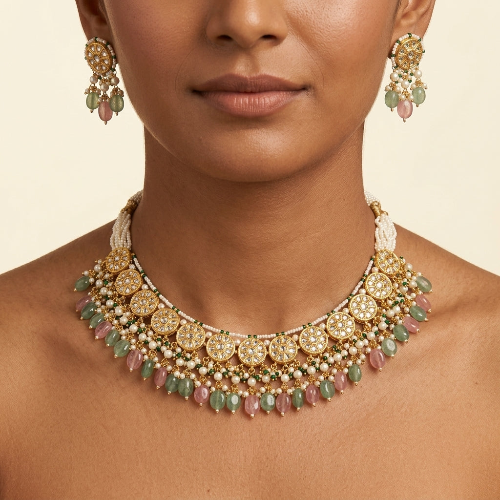 Handcrafted round motif necklace set in 22KT 916K hallmarked gold featuring 7 carats of certified syndicate Polki with green and pink stones — traditional Rajasthani craftsmanshi