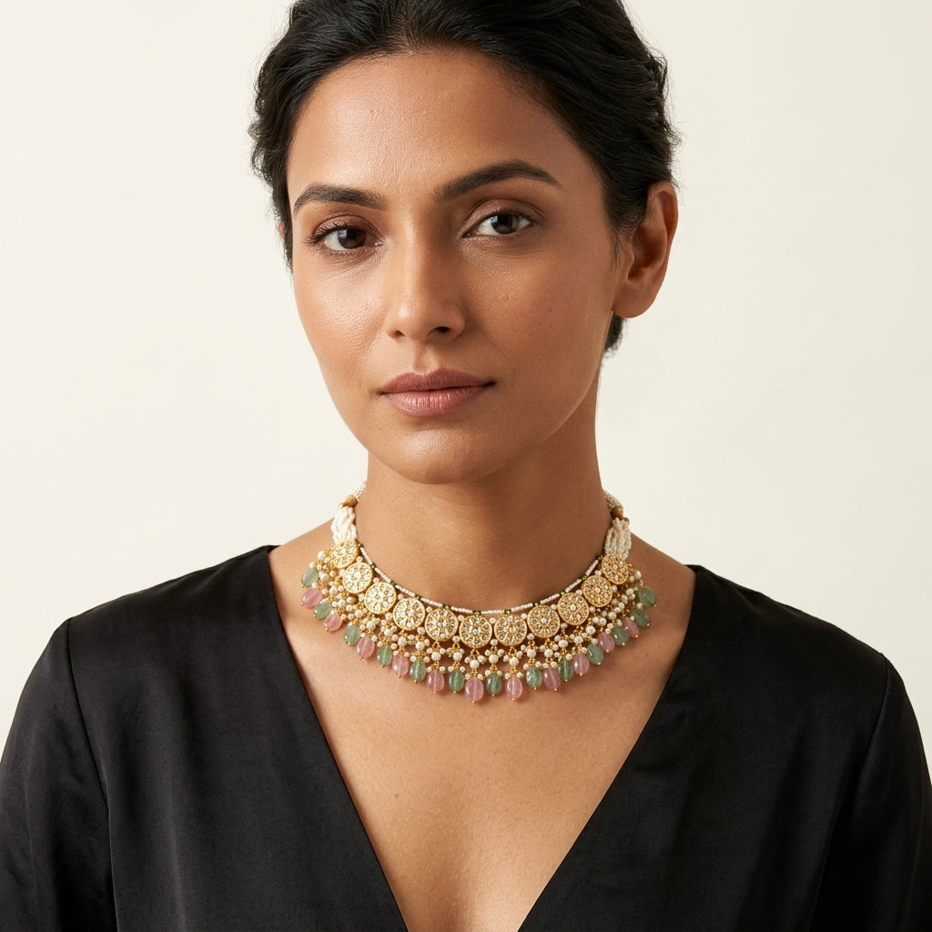 Woman wearing a green pink Polki necklace set with round gold motifs in 22KT hallmarked gold — Rajasthani heritage jewellery 