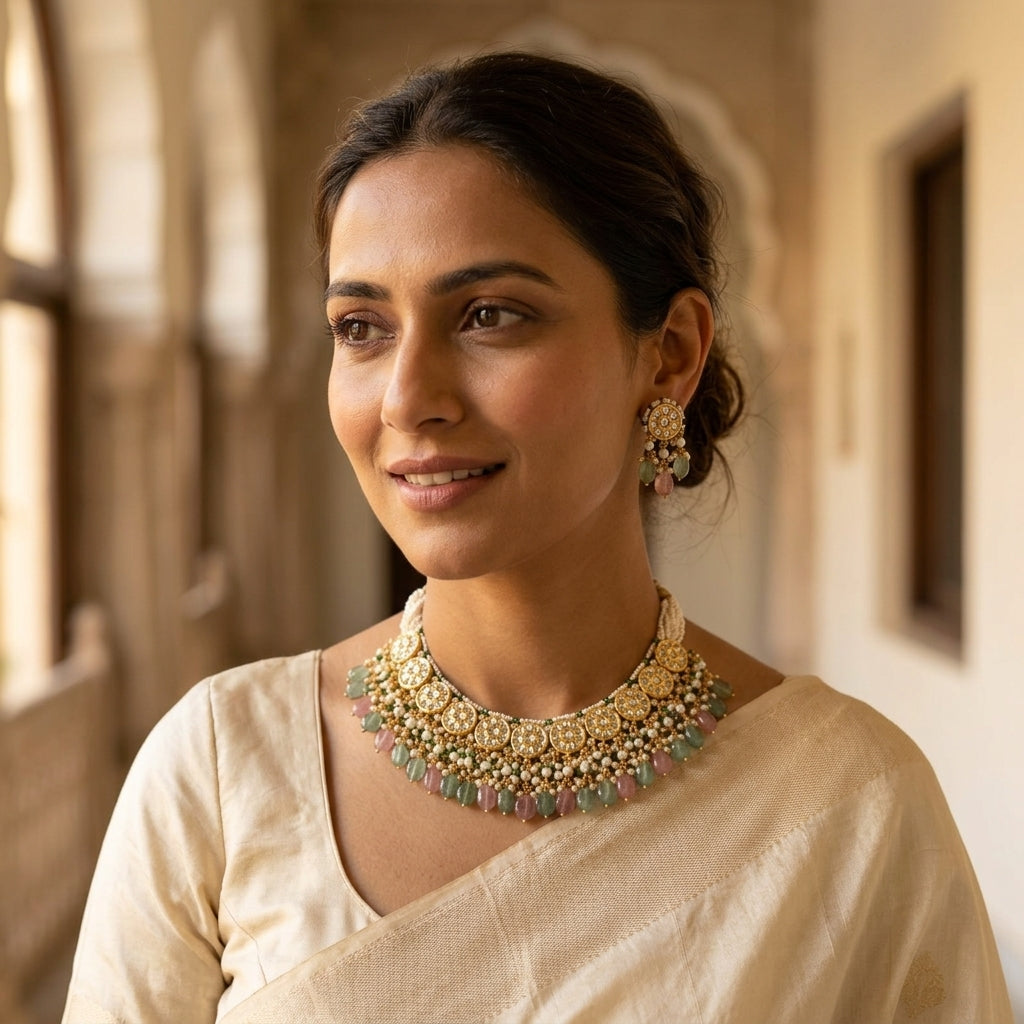 
Bridal Polki necklace set with green and pink stones in 22KT 916K hallmarked gold — traditional round motif necklace with matching earrings for weddings and festive occasions
