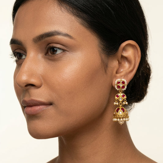 22kt Gold Polki Square Red Lightweight Jhumkis