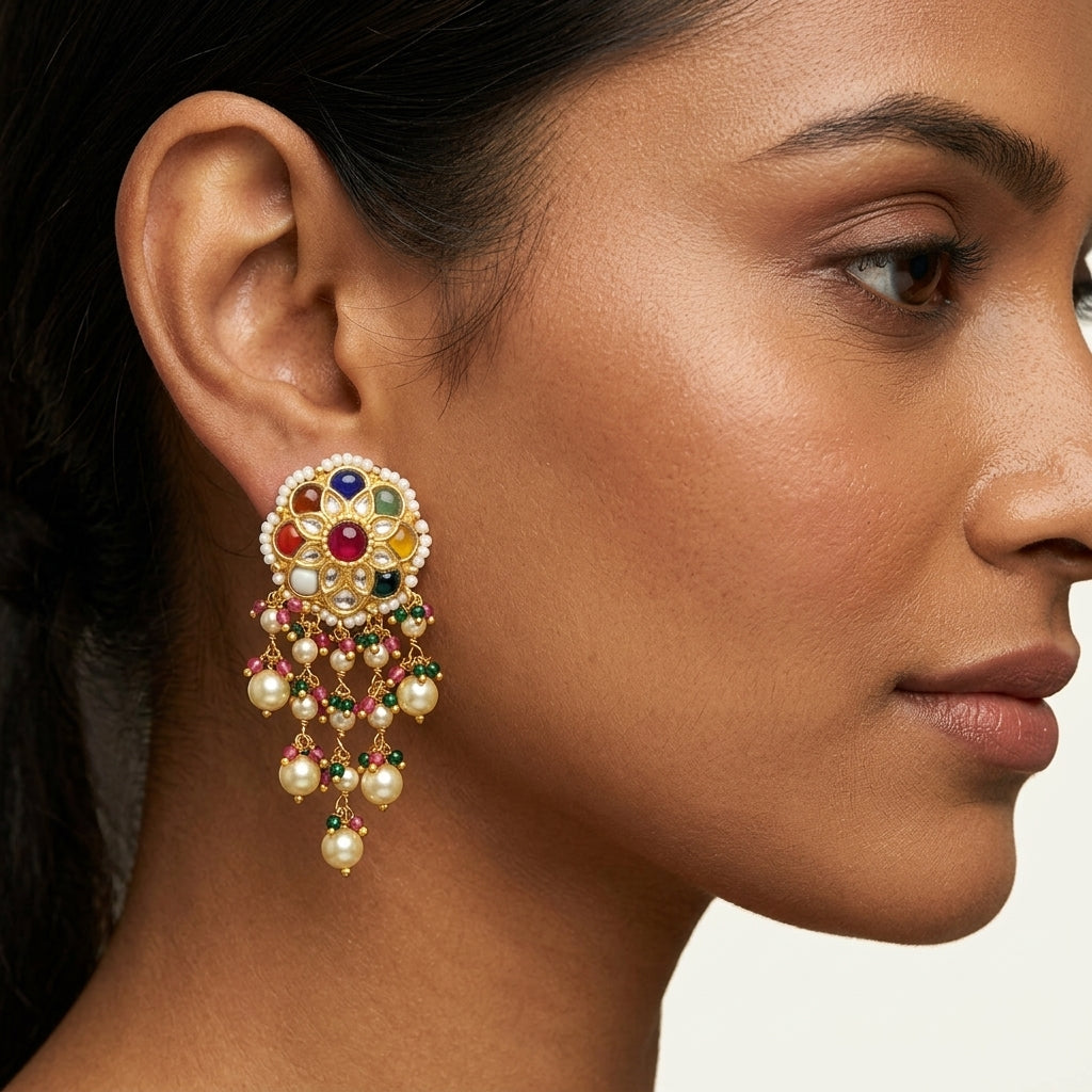 22kt gold Navaratna Hangings — handcrafted chandelier earrings with nine gemstone setting and pearl drops, ideal for bridal, festive and ethnic wear