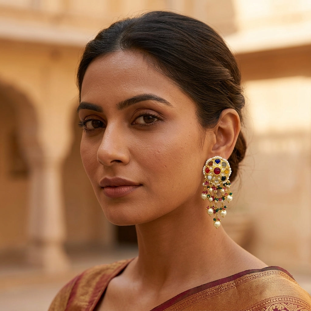 Buy 22kt gold Navaratna Hangings online — traditional nine gemstone chandelier earrings with pearl drops for Indian brides and festive wear
