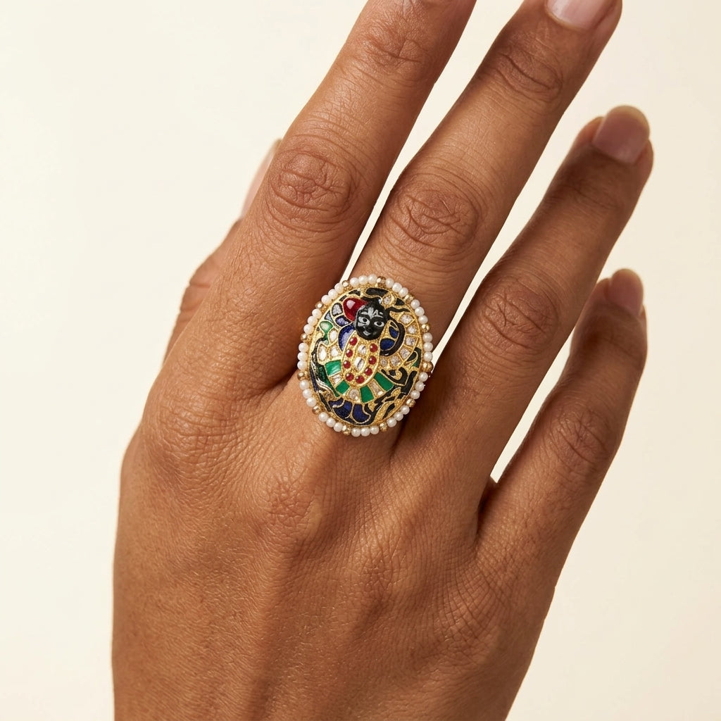 22kt gold Sreenathji Ring — handcrafted divine motif ring with multicolour meenakari enamel and pearl border, ideal for bridal, festive and ethnic wear