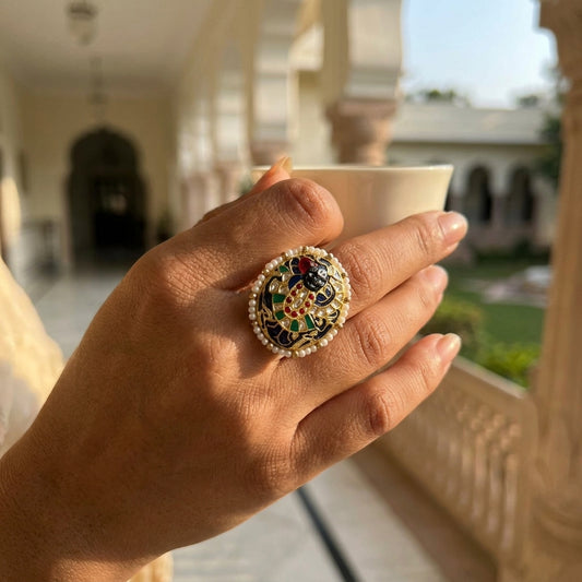 22kt gold Sreenathji Ring with multicolour meenakari enamel and pearl border — traditional Indian divine motif ring for weddings and festive occasions
